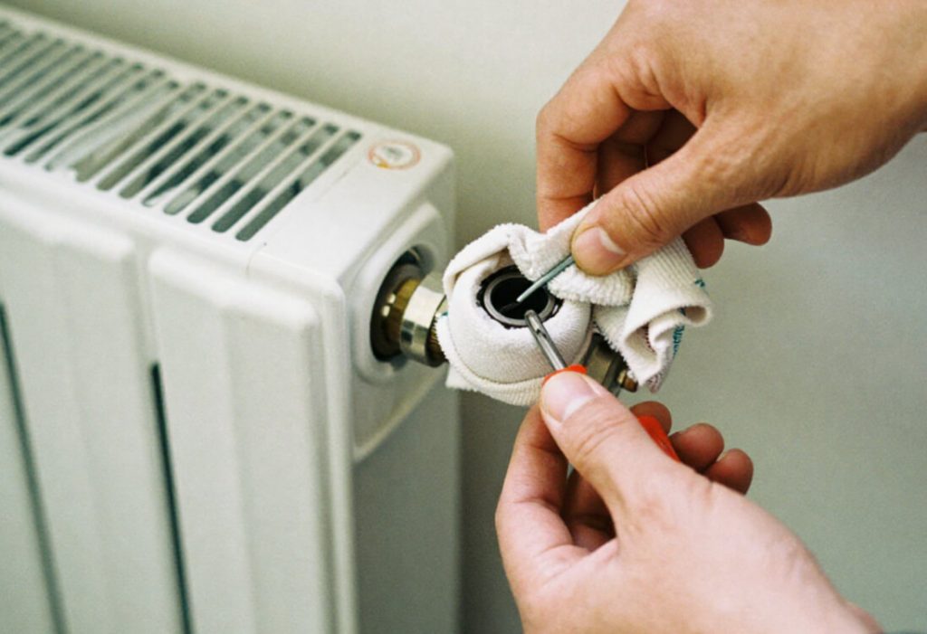 Mano che apre valvola di sfiato termosifone con cacciavite - guida fai da te per eliminare aria