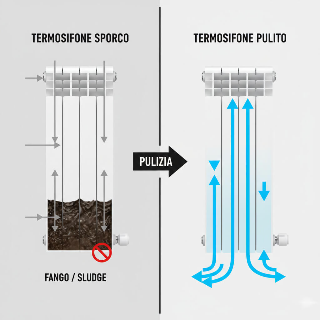 Diagramma che illustra la differenza tra un termosifone con i fanghi e dopo la pulizia