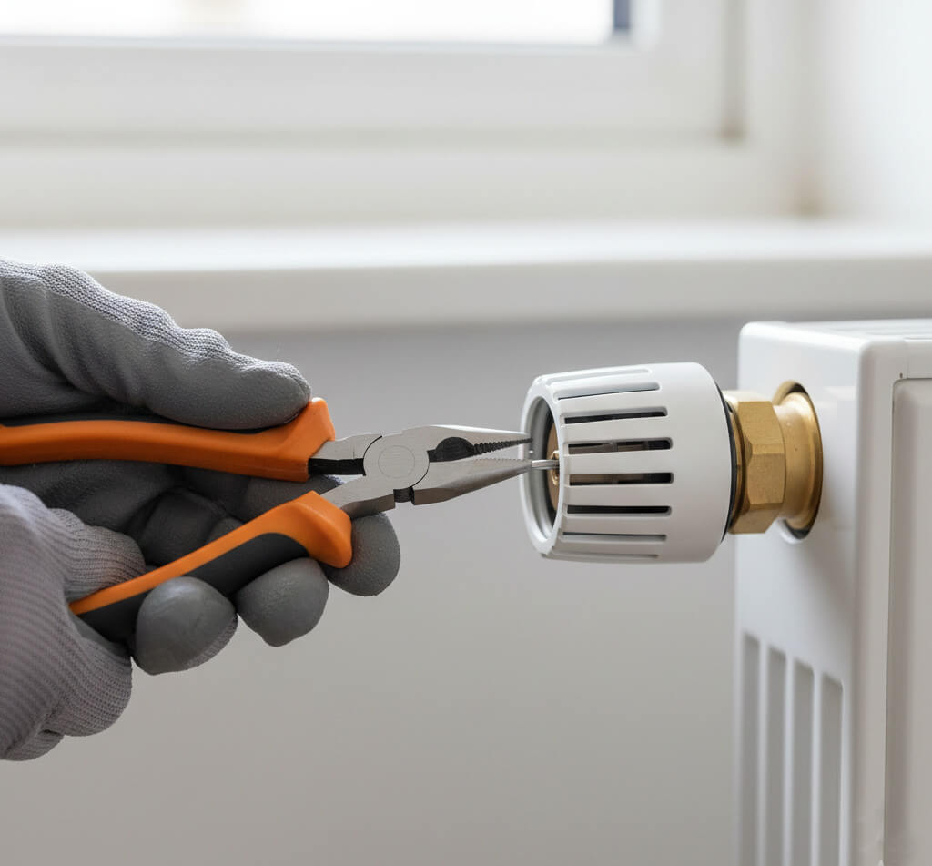 Mano che usa una pinza per sbloccare il pistoncino della valvola termostatica del termosifone