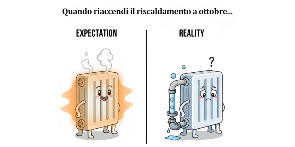 Meme expectation vs reality quando riaccendi il riscaldamento a ottobre - termosifone felice vs bloccato con aria