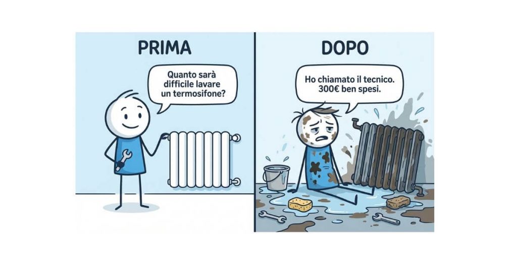 Confronto prima e dopo pulizia fai da te termosifone con fanghi: aspettative vs realtà chiama tecnico